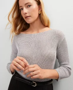 Silver Petite Metallic Lurex Ribbed Sweater | Shimmer Crew Neck Top -Ann Taylor Store 846300 6055 ALT2