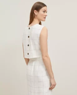 Petite Windowpane Linen Blend Button-Back Cropped Top -Ann Taylor Store 846303 018854 ALT1