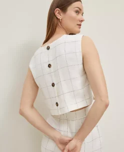 Petite Windowpane Linen Blend Button-Back Cropped Top -Ann Taylor Store 846303 018854 ALT3
