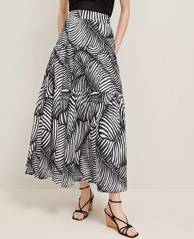 Petite Palm Print Tiered Cotton Maxi Skirt in Black 3 Petite Palm Print Tiered Cotton Maxi Skirt in Black - Image 3