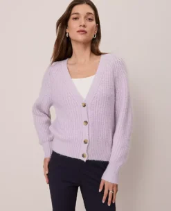 Ann Taylor Weekend Cozy Ribbed Cardigan in Lavender Frost