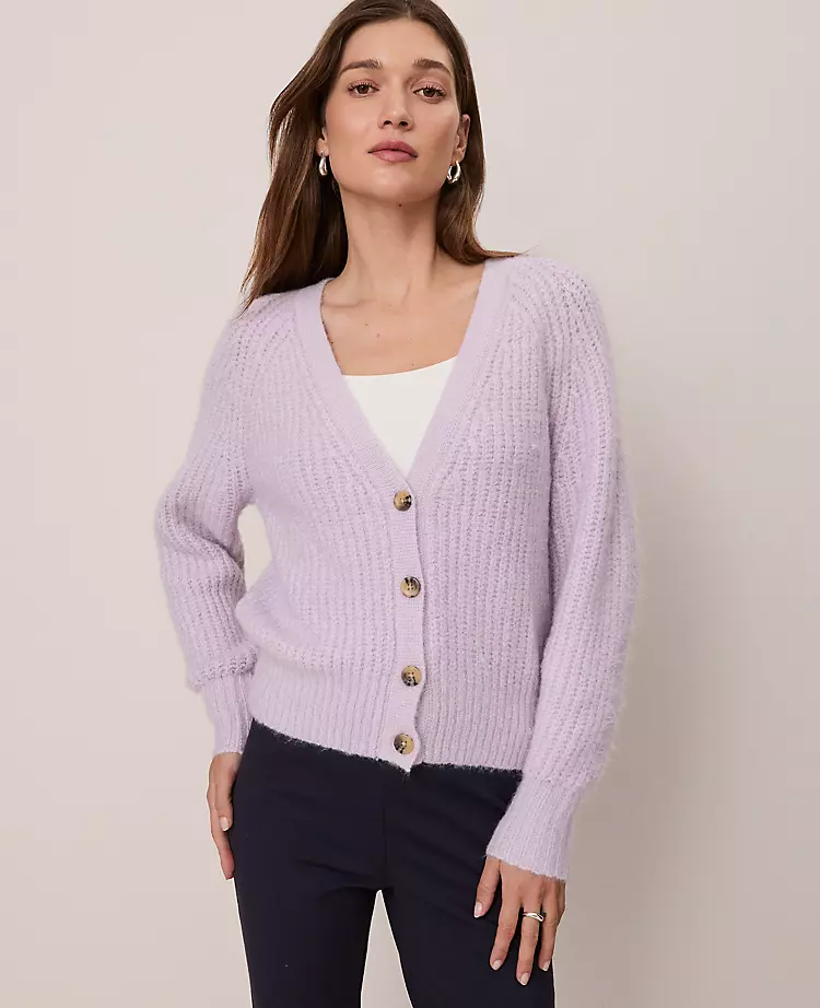 Ann Taylor Weekend Cozy Ribbed Cardigan in Lavender Frost 1 Ann Taylor Weekend Cozy Ribbed Cardigan in Lavender Frost