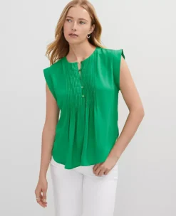 Petite Cap Sleeve Pintuck Blouse - Flowy Natural Green Top