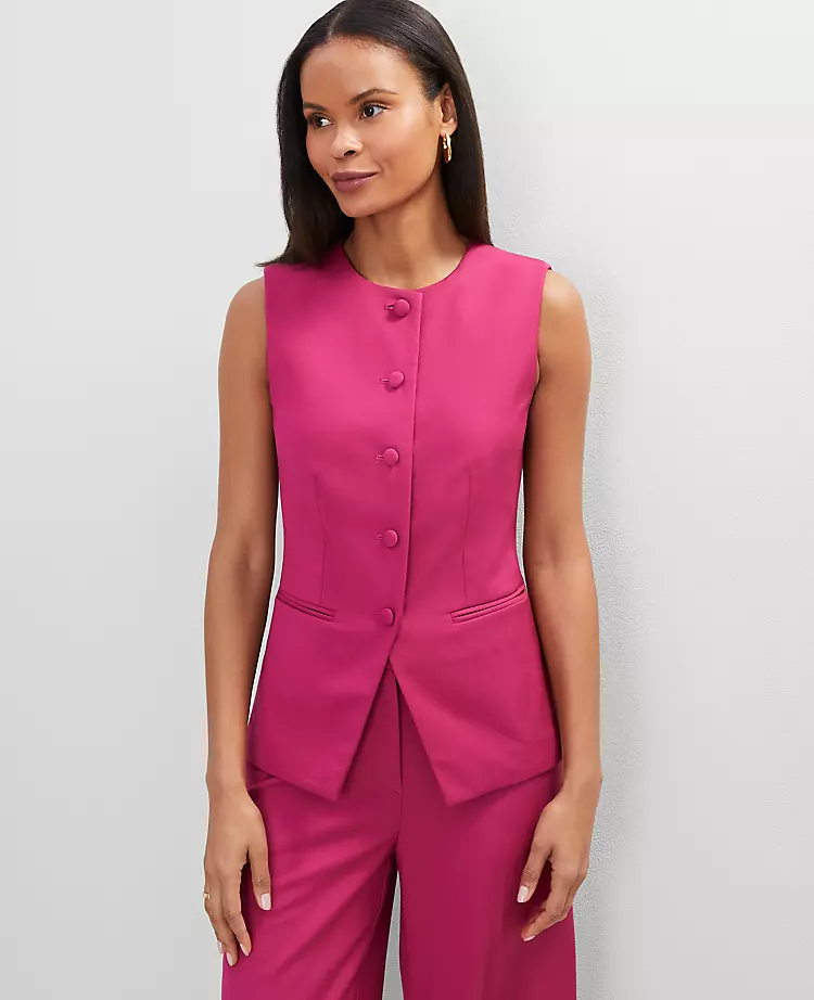 Petite Long Crew Neck Vest in Berry Splash - Tailored Stretch Fit 1 Petite Long Crew Neck Vest in Berry Splash - Tailored Stretch Fit