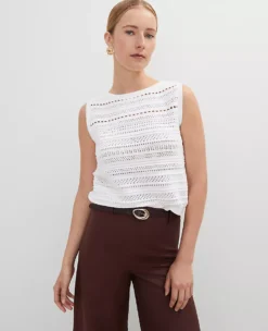 White Petite Pointelle Sleeveless Sweater Shell - 100% Cotton