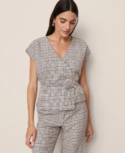 Plaid Wrap Tie Waist Blouse Pale Sandalwood