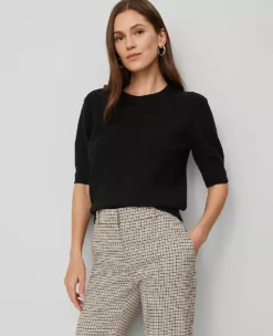 Petite Textured Stitch Short Sleeve Sweater Tee - Black