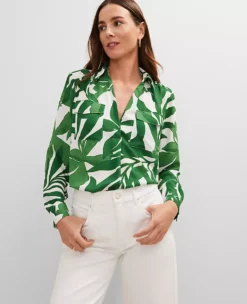 Petite Leafy Green Floral Camp Shirt - Fluid Long Sleeve Blouse