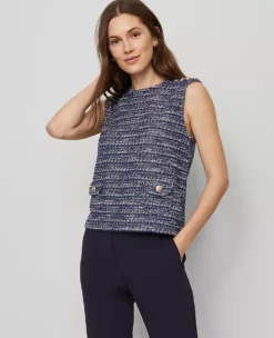 Petite Tweed Patch Pocket Sleeveless Top in Blue Multi