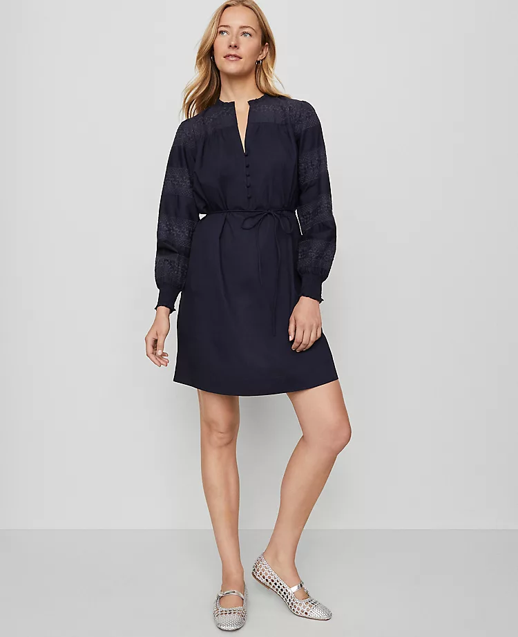 Petite Ruffle Collar Belted Shift Dress in Night Sky 1 Petite Ruffle Collar Belted Shift Dress in Night Sky
