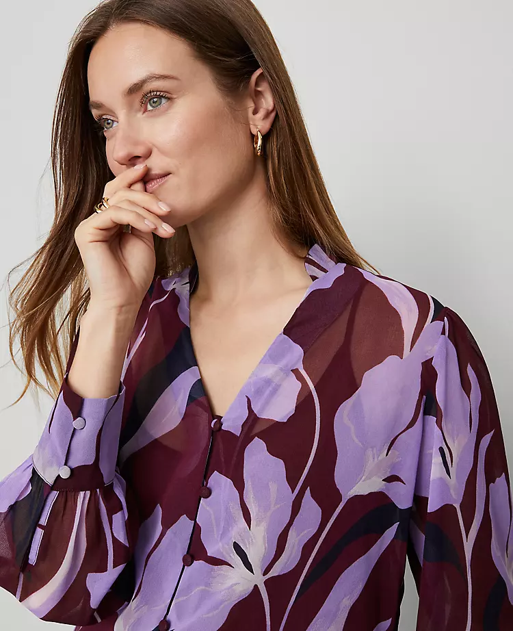 Petite Floral V-Neck Popover Blouse in Windsor Wine 1 Petite Floral V-Neck Popover Blouse in Windsor Wine