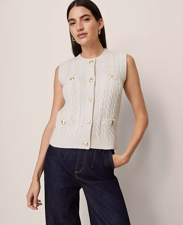 Petite Cable Knit Sweater Vest in Pale Sand Heather 1 Petite Cable Knit Sweater Vest in Pale Sand Heather