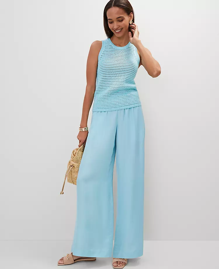 Petite Satin Wide-Leg Pull-On Pants in Gulf Stream Blue 2 Petite Satin Wide-Leg Pull-On Pants in Gulf Stream Blue - Image 2