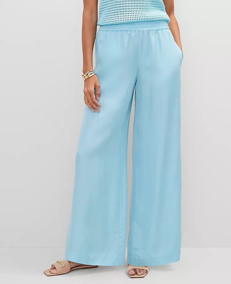 Petite Satin Wide-Leg Pull-On Pants in Gulf Stream Blue 3 Petite Satin Wide-Leg Pull-On Pants in Gulf Stream Blue - Image 3