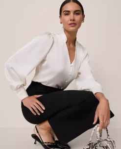 Petite Winter White V-Neck Popover Blouse with Blouson Sleeves