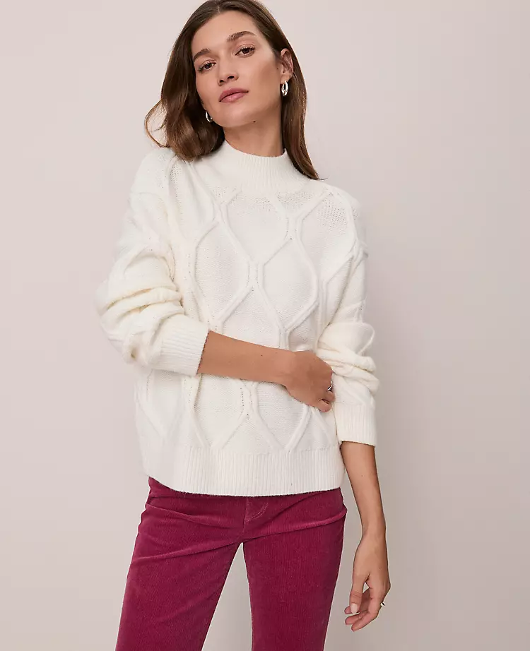 Ann Taylor Petite Weekend Collection Diamond Cable Sweater - Winter White 2 Ann Taylor Petite Weekend Collection Diamond Cable Sweater - Winter White - Image 2