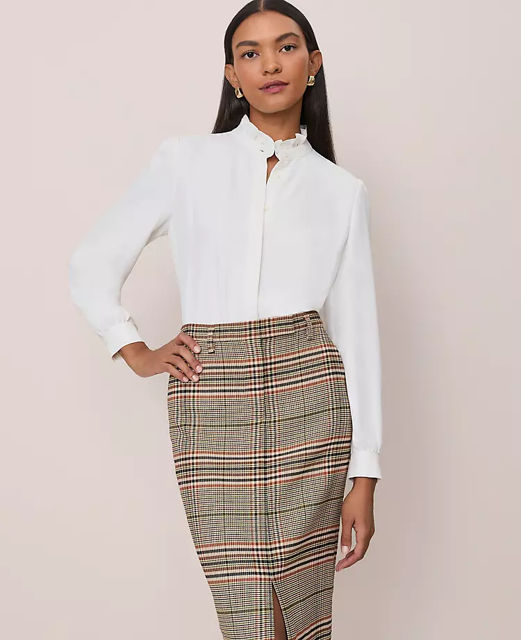 Petite Ruffle Neck Satin Blouse in Winter White 1 Petite Ruffle Neck Satin Blouse in Winter White