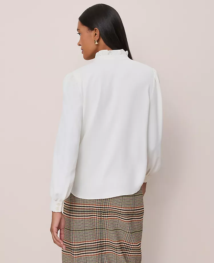 Petite Ruffle Neck Satin Blouse in Winter White 2 Petite Ruffle Neck Satin Blouse in Winter White - Image 2