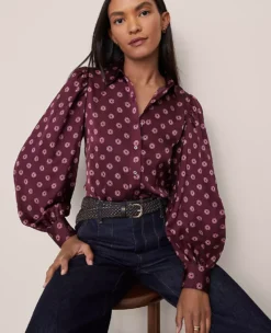 Petite Geo Print Blouson Sleeve Shirt in Poised Plum