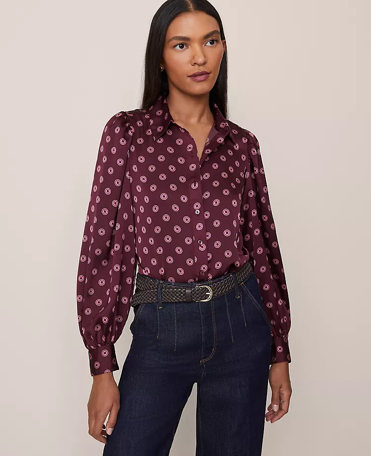 Petite Geo Print Blouson Sleeve Shirt in Poised Plum 3 Petite Geo Print Blouson Sleeve Shirt in Poised Plum - Image 3
