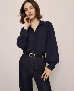 Petite Bobble Trim Collared Shirt - Relaxed Fit Blouson Blouse