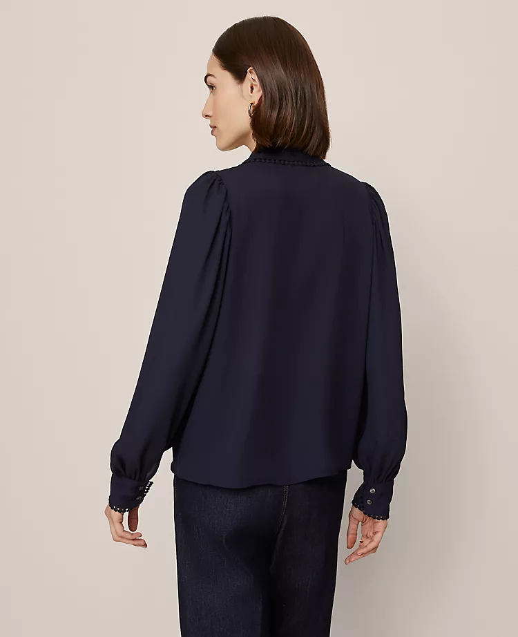 Petite Bobble Trim Collared Shirt - Relaxed Fit Blouson Blouse 2 Petite Bobble Trim Collared Shirt - Relaxed Fit Blouson Blouse - Image 2