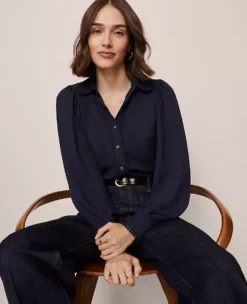 Petite Bobble Trim Collared Shirt - Relaxed Fit Blouson Blouse 5 Petite Bobble Trim Collared Shirt - Relaxed Fit Blouson Blouse -Ann Taylor Store 846809 1362 ALT2