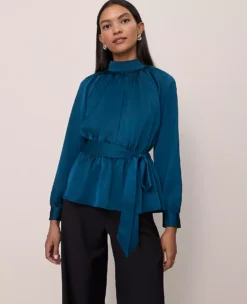 Petite Satin Tie Waist Blouse - Elegant Mock Neck Top