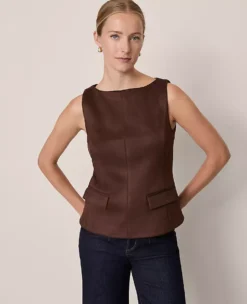 Petite Faux Suede Sleeveless Shell with Besom Pockets - Dark Brown