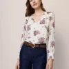 Petite Paisley V-Neck Popover Blouse in Winter White