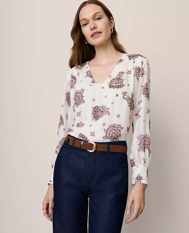 Petite Paisley V-Neck Popover Blouse in Winter White 1 Petite Paisley V-Neck Popover Blouse in Winter White