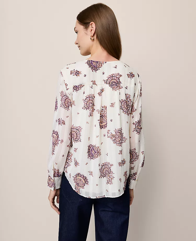 Petite Paisley V-Neck Popover Blouse in Winter White 2 Petite Paisley V-Neck Popover Blouse in Winter White - Image 2