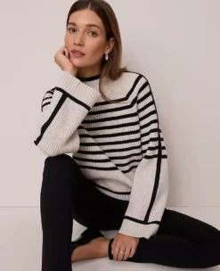 Ann Taylor Petite Weekend Striped Mock Neck Sweater in Pale Sand Heather