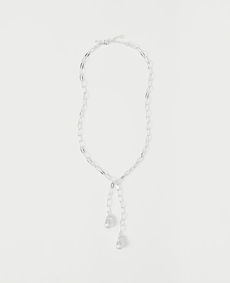 Elegant Double Pearl Lariat Necklace in Polished Silvertone 1 Elegant Double Pearl Lariat Necklace in Polished Silvertone