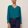 Elegant Petite V-Neck Popover Blouse in Deep Atlantic Teal