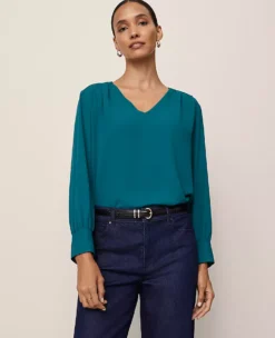 Elegant Petite V-Neck Popover Blouse in Deep Atlantic Teal