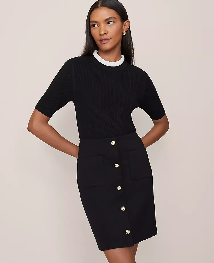 Petite Ruffle Neck Ribbed Short Sleeve Sweater in Black 1 Petite Ruffle Neck Ribbed Short Sleeve Sweater in Black