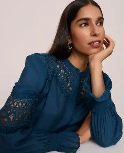 Petite Lace Trim Blouse with Ruffled Cuffs in Moonlit Backdrop