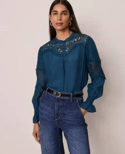 Petite Lace Trim Blouse with Ruffled Cuffs in Moonlit Backdrop 5 Petite Lace Trim Blouse with Ruffled Cuffs in Moonlit Backdrop -Ann Taylor Store 846863 019811 ALT2