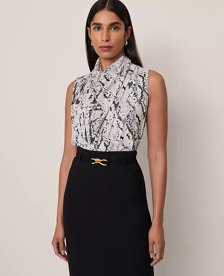 Petite Snake Print Cowl Neck Blouse - Elegant Winter White Sleeveless Top 1 Petite Snake Print Cowl Neck Blouse - Elegant Winter White Sleeveless Top