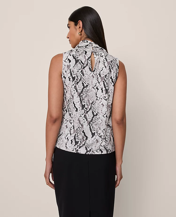 Petite Snake Print Cowl Neck Blouse - Elegant Winter White Sleeveless Top 2 Petite Snake Print Cowl Neck Blouse - Elegant Winter White Sleeveless Top - Image 2