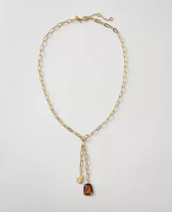 Gold Metal Gem Lariat Necklace - Elegant Y-Shape Jewelry