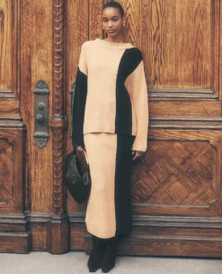 Colorblock Ribbed Sweater Midi Skirt in Camel Multi