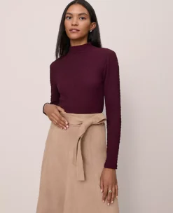 Elegant Petite Mock Neck Knit Top - Poised Plum Long Sleeve Blouse