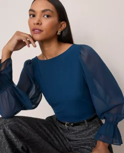 Petite Mixed Media Pleated Sleeve Top in Moonlit Backdrop