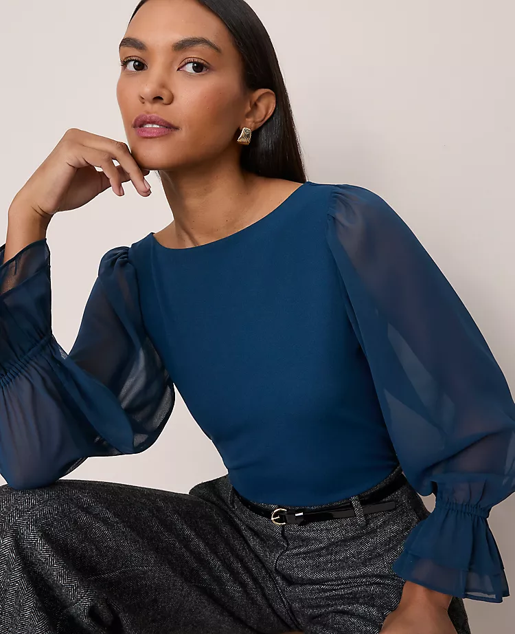 Petite Mixed Media Pleated Sleeve Top in Moonlit Backdrop 1 Petite Mixed Media Pleated Sleeve Top in Moonlit Backdrop