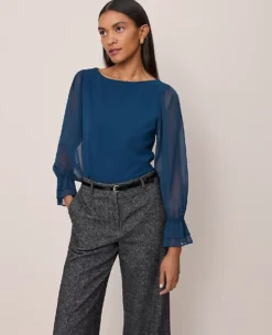 Petite Mixed Media Pleated Sleeve Top in Moonlit Backdrop 5 Petite Mixed Media Pleated Sleeve Top in Moonlit Backdrop -Ann Taylor Store 846930 019811 ALT2