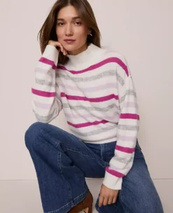 Ann Taylor Petite Weekend Striped Turtleneck Sweater - Dahlia Mauve