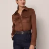 Petite Faux Suede Pocket Shirt - Chocolate Brown Long Sleeve Blouse