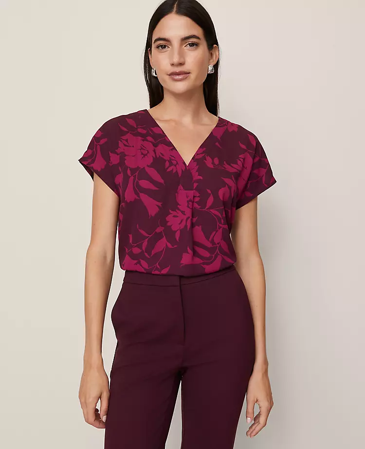 Petite Floral Mixed Media Pleat Front Top - Elegant Poised Plum Blouse 1 Petite Floral Mixed Media Pleat Front Top - Elegant Poised Plum Blouse